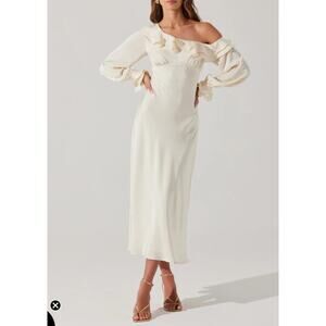 Astr The Label Coraline Satin Midi One Shoulder Draped Ivory Wedding Prom Dress